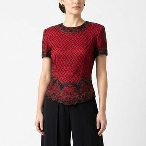 PAPELL BOUTIQUE EVENING BEADED BLOUSE WOMEN'S L 100% SILK VINTAGE RED FLORAL